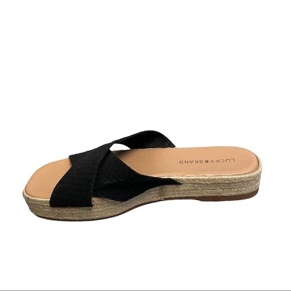 LUCKY BRAND Gayte Slip On Espadrilles Sandals Suede Leather Black Tan 10 - Picture 2 of 11